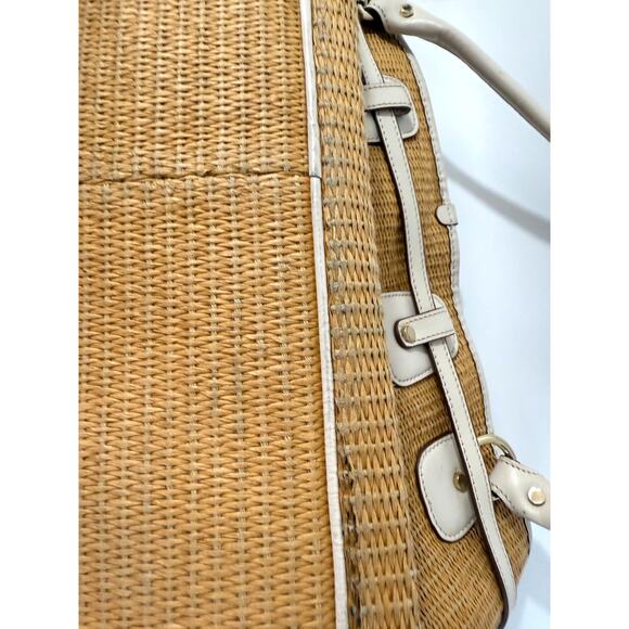 Michael Kors Straw Woven White Leather Shoulder Bag Gold Multiple Pockets - Picture 9 of 11